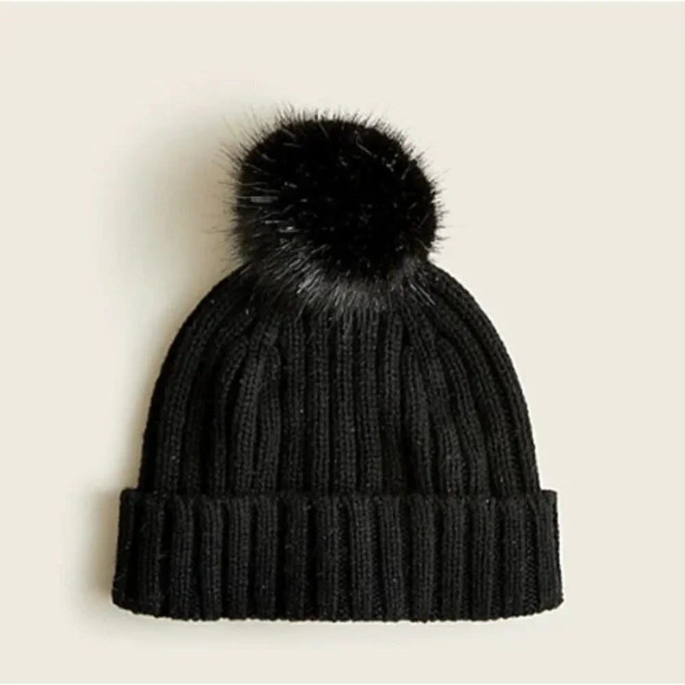 J. Crew Black Ribbed Knit Pom Pom Beanie Hat